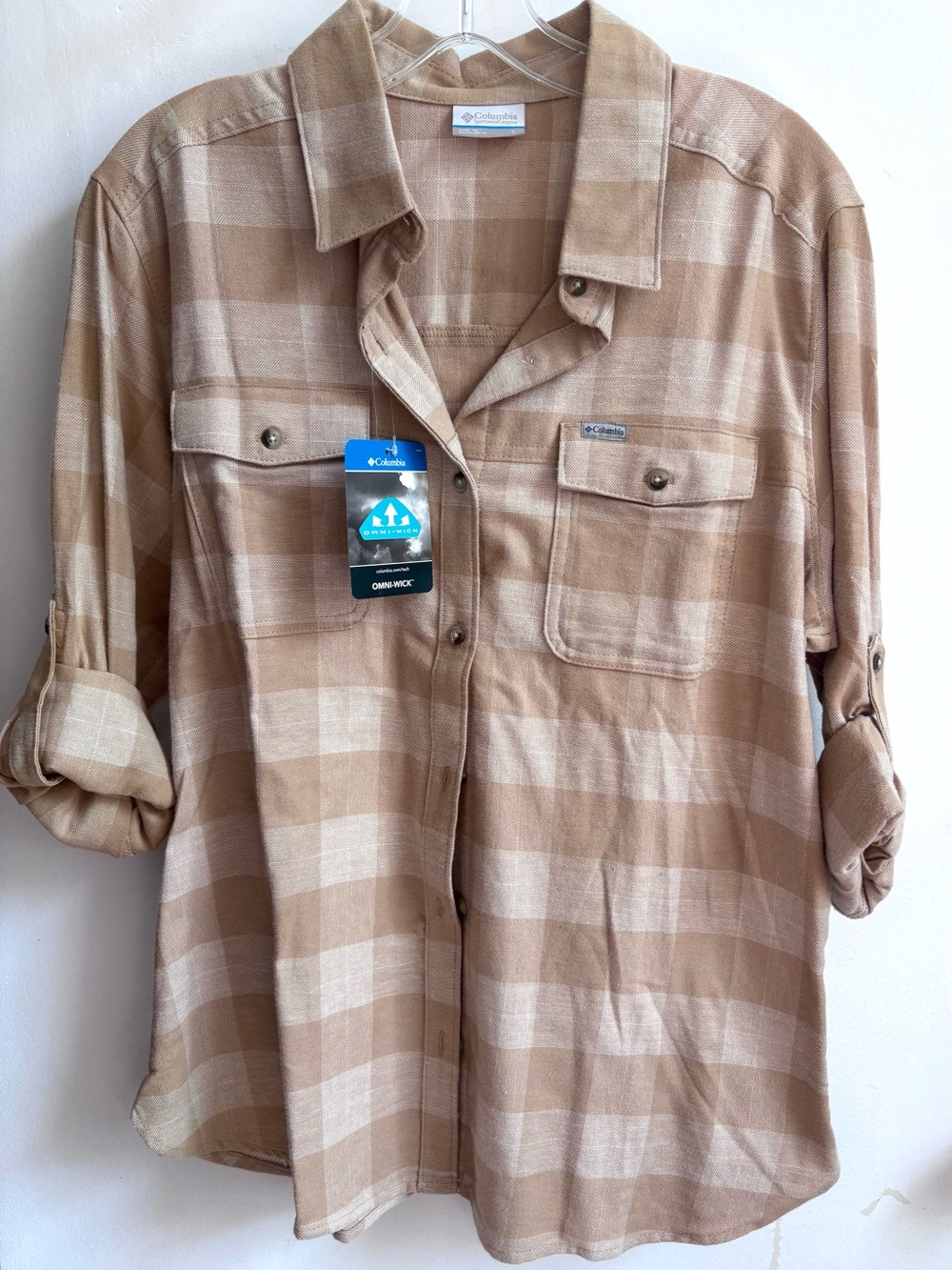 Columbia Tan and Cream Plaid Long-Sleeve Button-Down Shirt